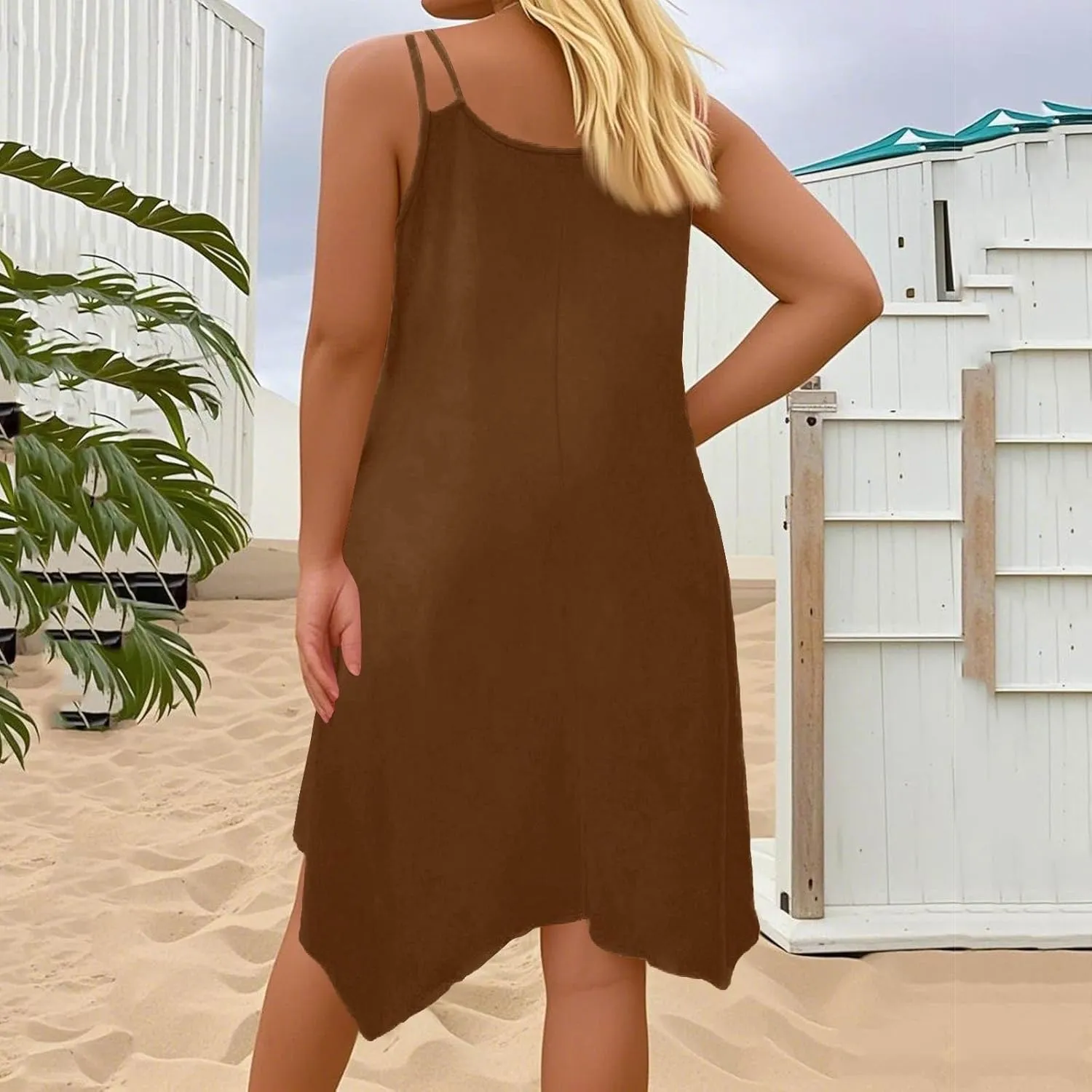 Women's Formal Dress 2025 Summer Scoop Neck Plus Size Midi Dress Wedding Guests Asymmetrical Hem Halter Dresses
