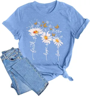 Womens Graphic T Shirts: Christian Shirts Daisy Print Short Sleeve Ladies T-Shirts Faith Hope Love Tee