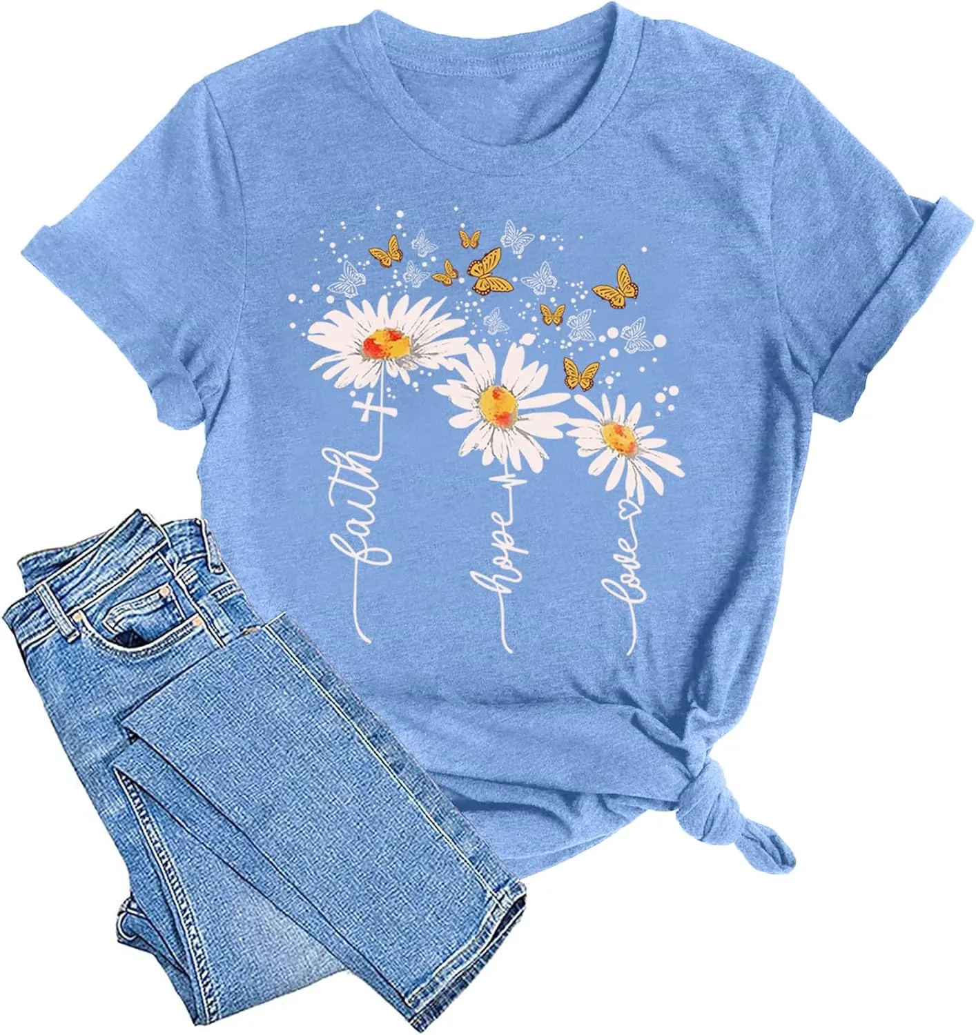 Womens Graphic T Shirts: Christian Shirts Daisy Print Short Sleeve Ladies T-Shirts Faith Hope Love Tee