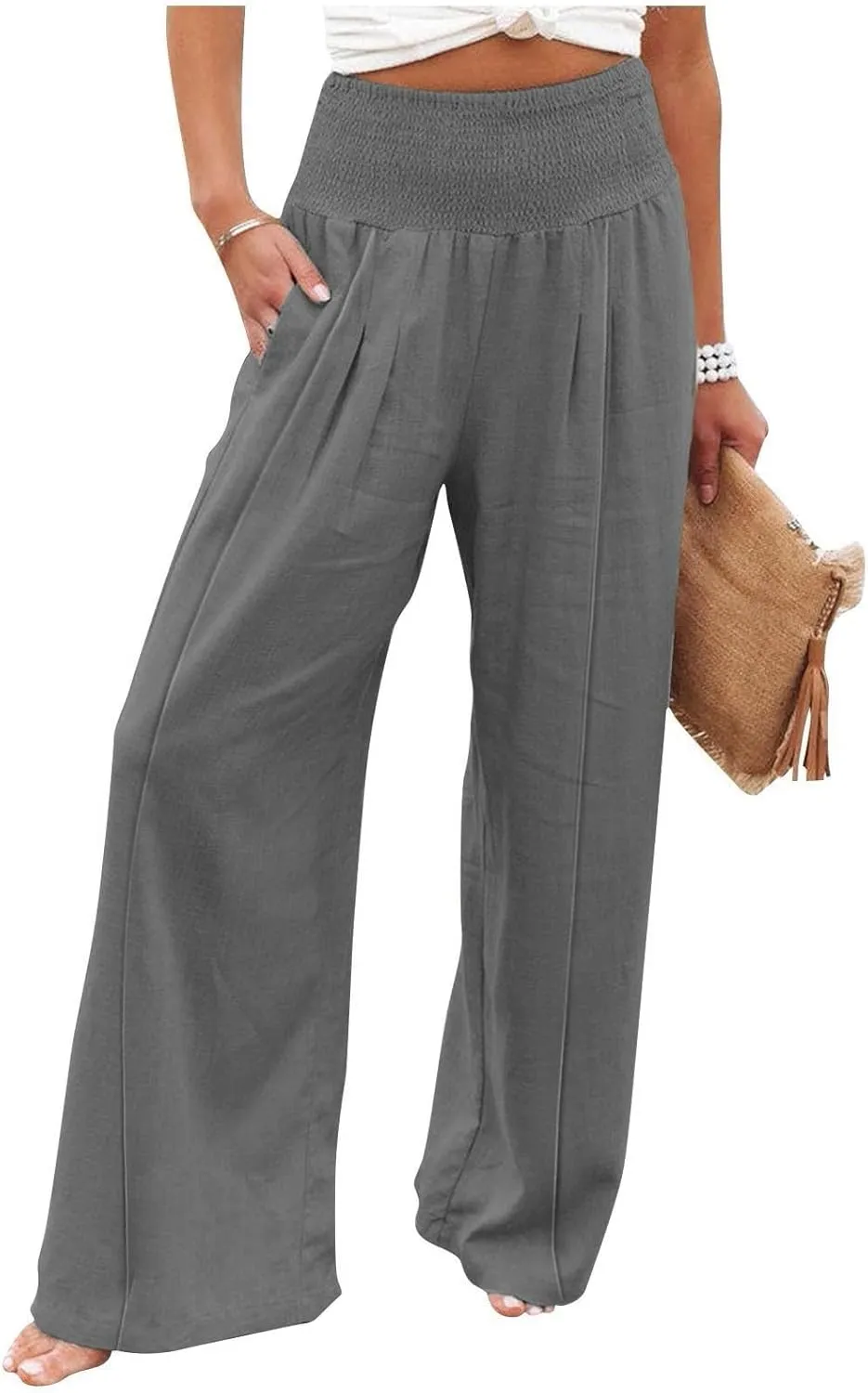 Women's Linen Blend Summer Palazzo Palazzo Pants High Waist Straight Slim Fit Pants Business Work
