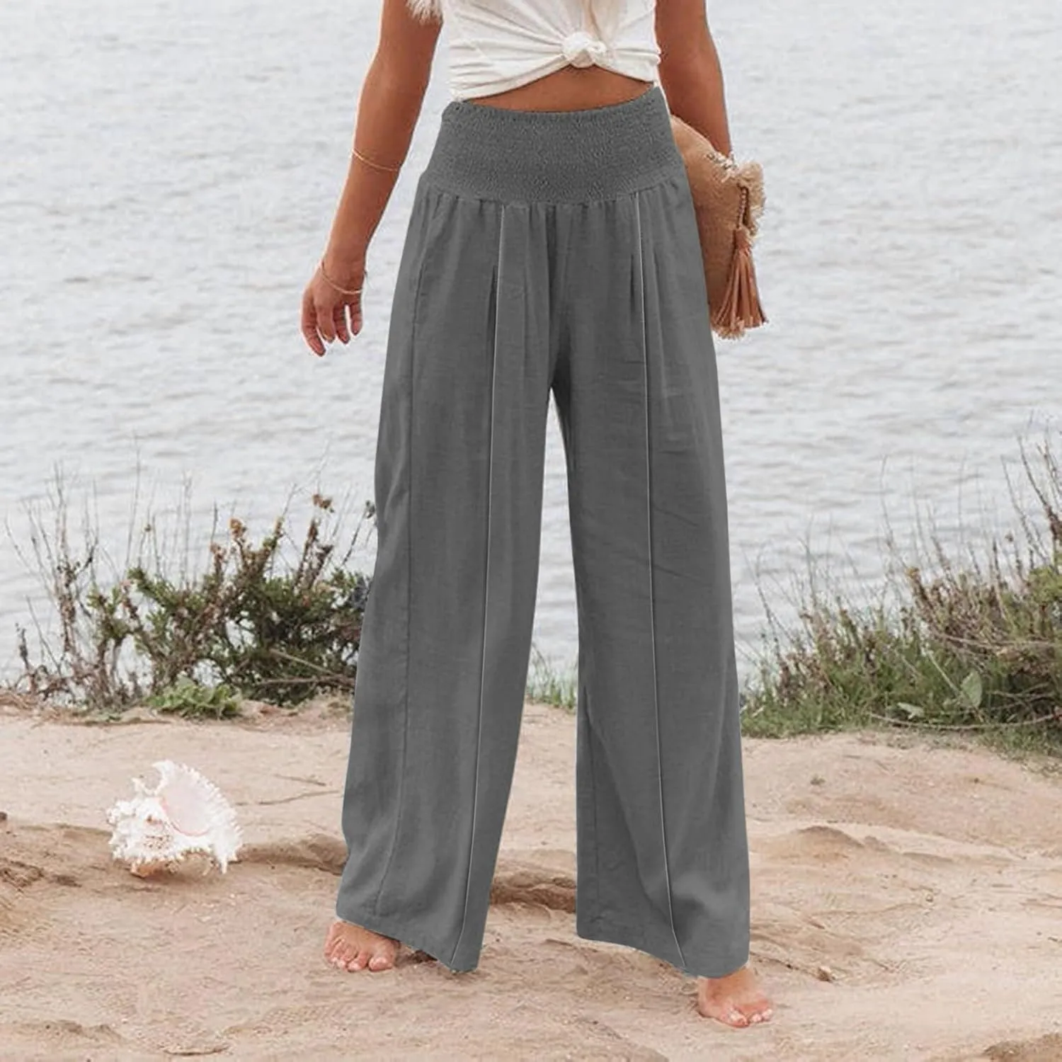 Women's Linen Blend Summer Palazzo Palazzo Pants High Waist Straight Slim Fit Pants Business Work