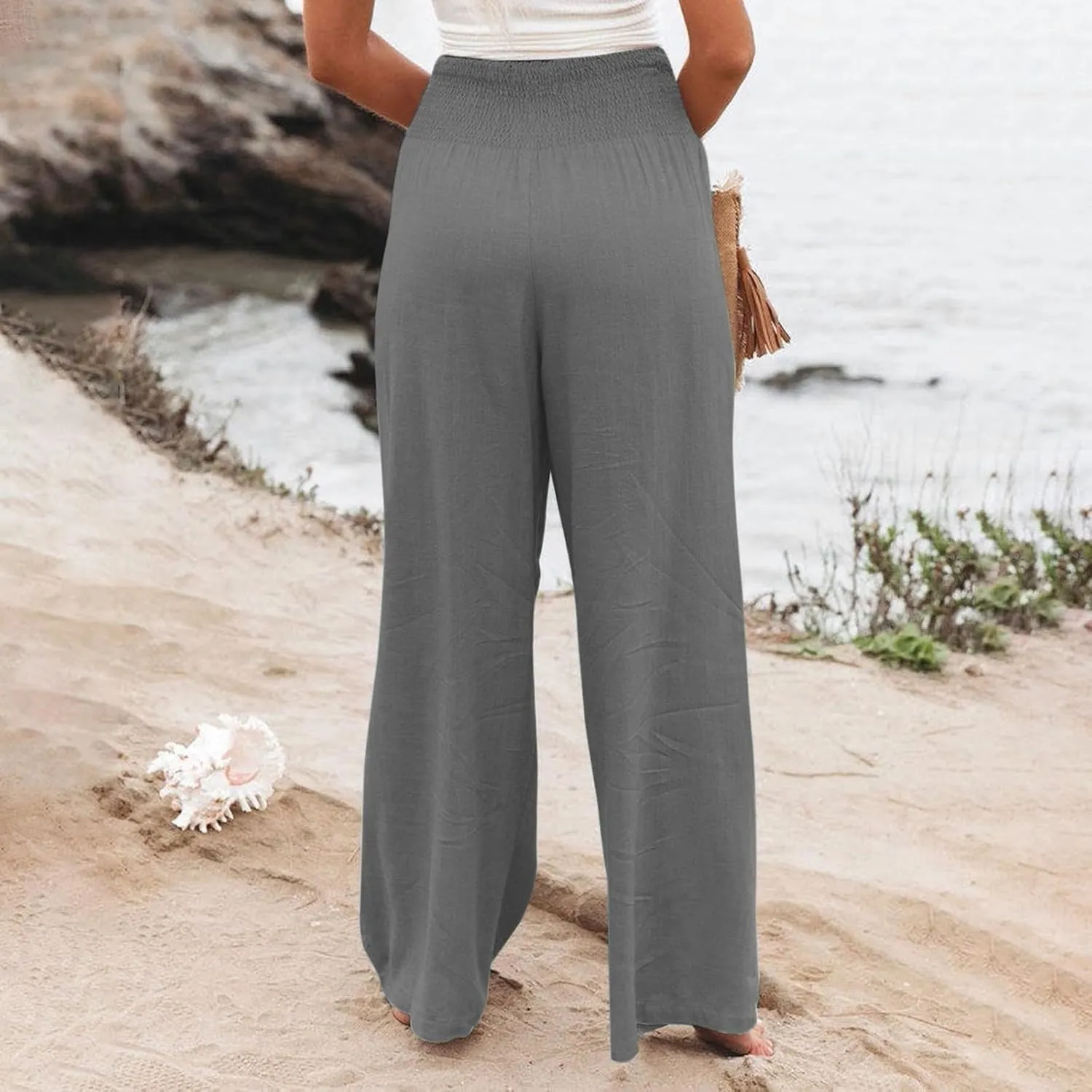 Women's Linen Blend Summer Palazzo Palazzo Pants High Waist Straight Slim Fit Pants Business Work