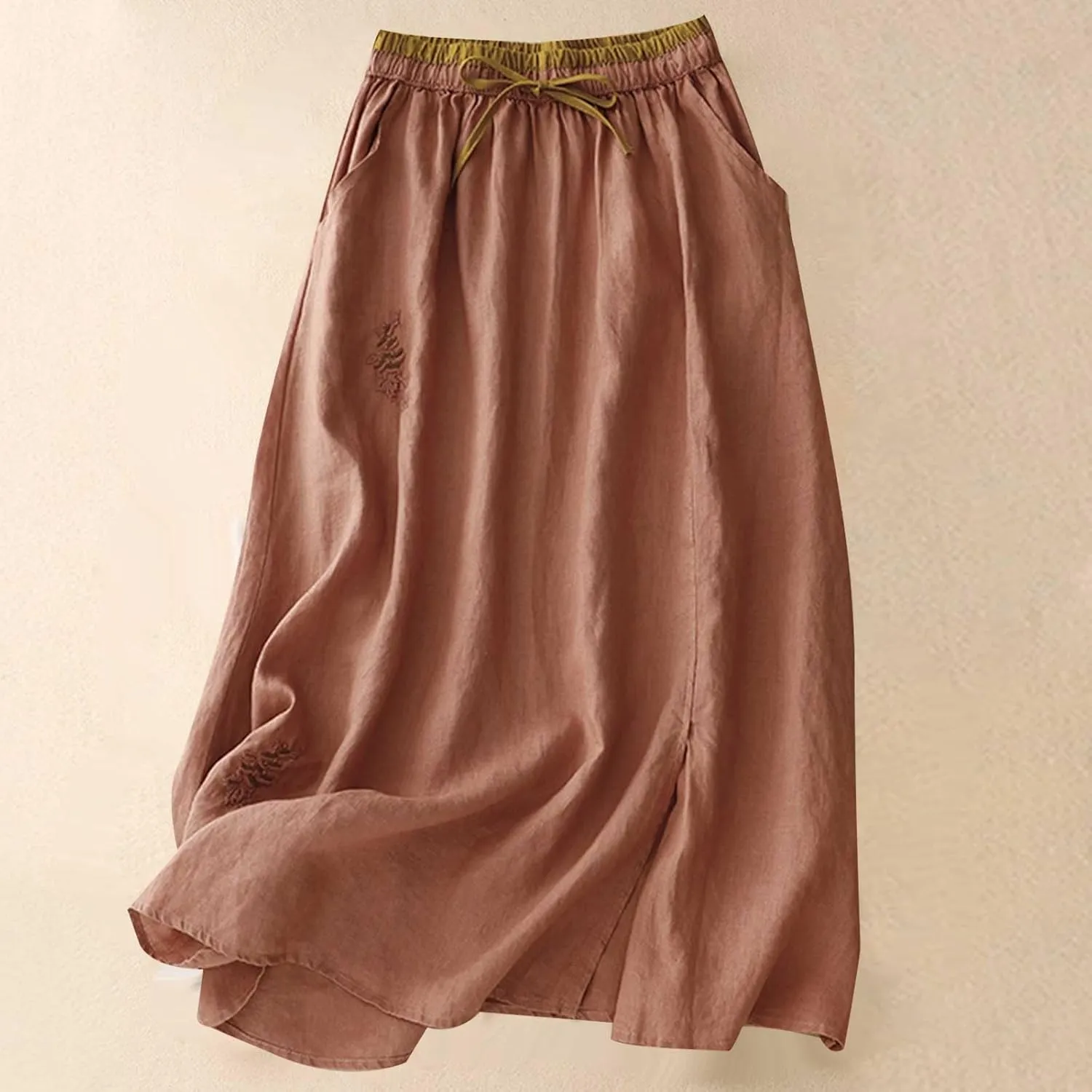 Womens Linen Cotton Skirts Drawstring Elastic Waist Comfy Loose Boho Skirts with Pockets Lightweight Sumnmer Skirts