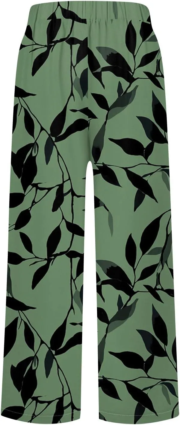 Womens Linen Pants Casual Capris Elastic Summer Trendy Pants 2025 High Waisted Floral Print Lightweight Trouser Pocket