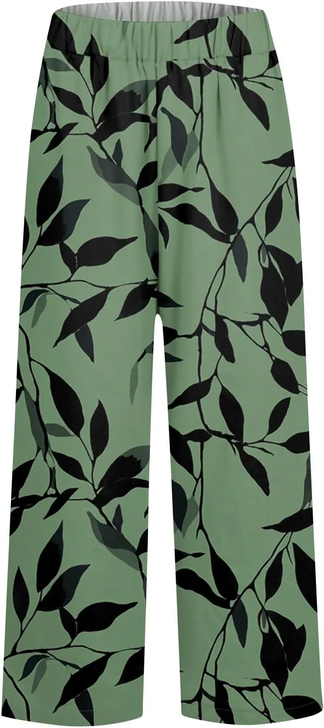 Womens Linen Pants Casual Capris Elastic Summer Trendy Pants 2025 High Waisted Floral Print Lightweight Trouser Pocket