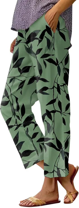 Womens Linen Pants Casual Capris Elastic Summer Trendy Pants 2025 High Waisted Floral Print Lightweight Trouser Pocket