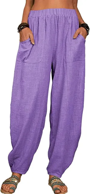 Womens Linen Pants Lounge Pants with Pockets Harem Pants Summer Casual Pants Beach Vacation Pants Plus Size Trousers