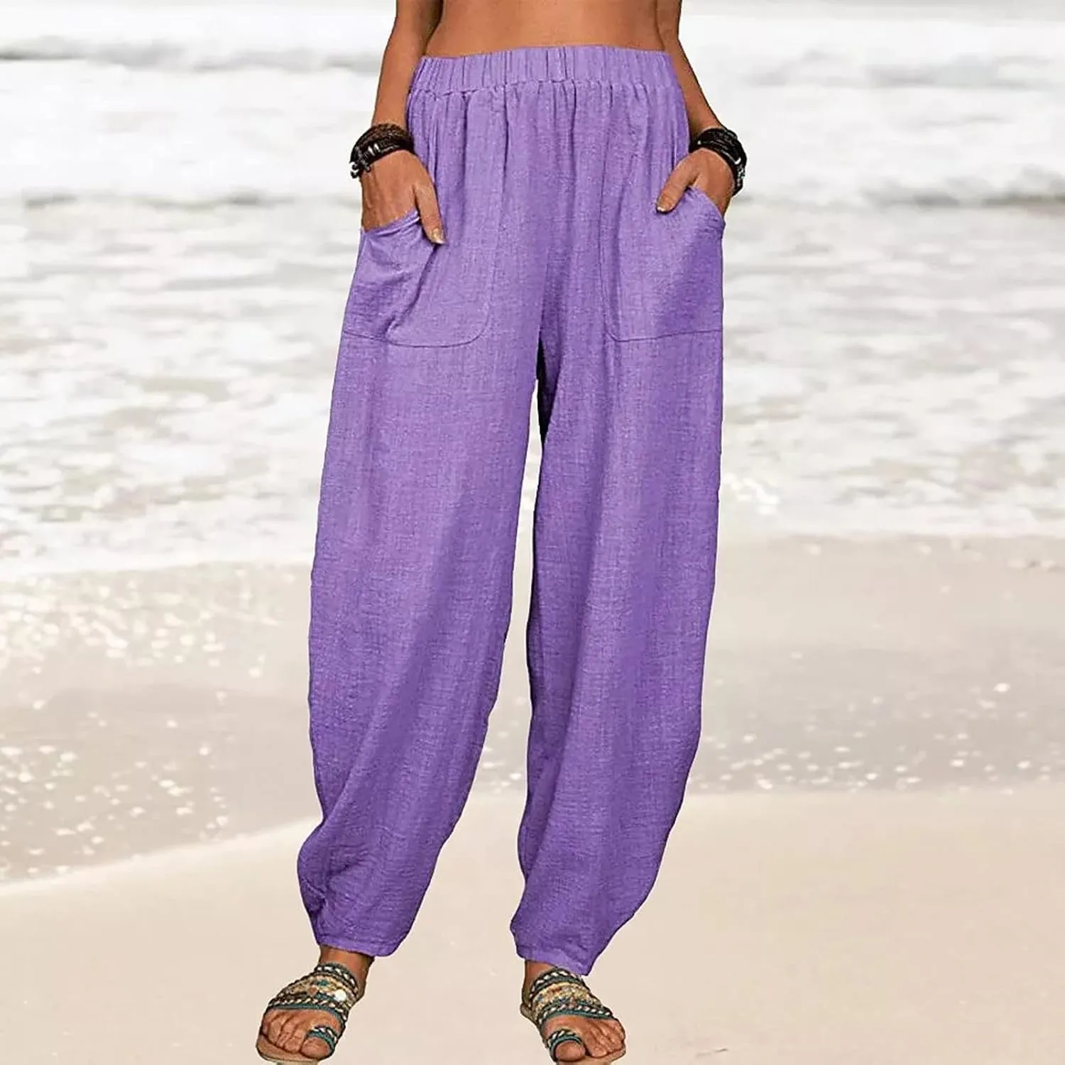 Womens Linen Pants Lounge Pants with Pockets Harem Pants Summer Casual Pants Beach Vacation Pants Plus Size Trousers