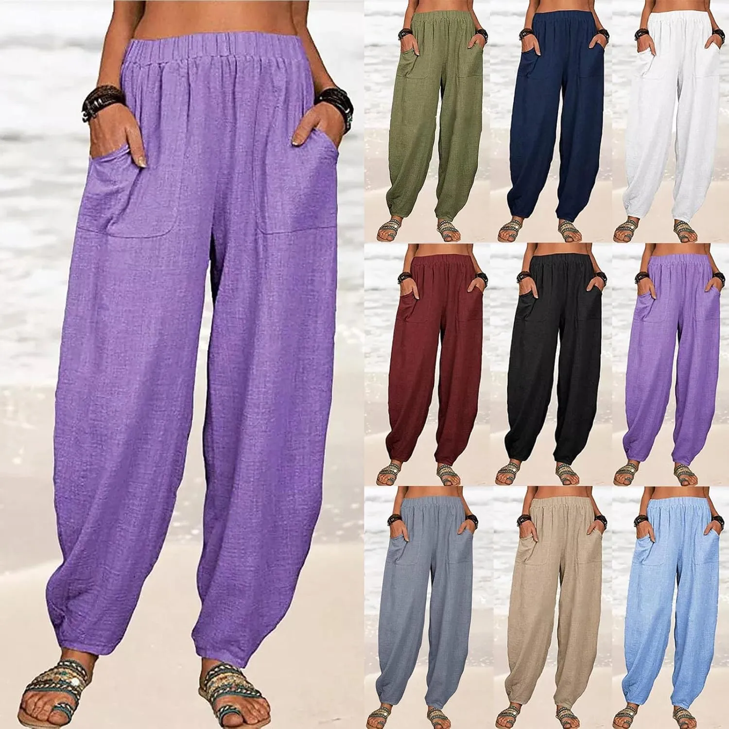 Womens Linen Pants Lounge Pants with Pockets Harem Pants Summer Casual Pants Beach Vacation Pants Plus Size Trousers