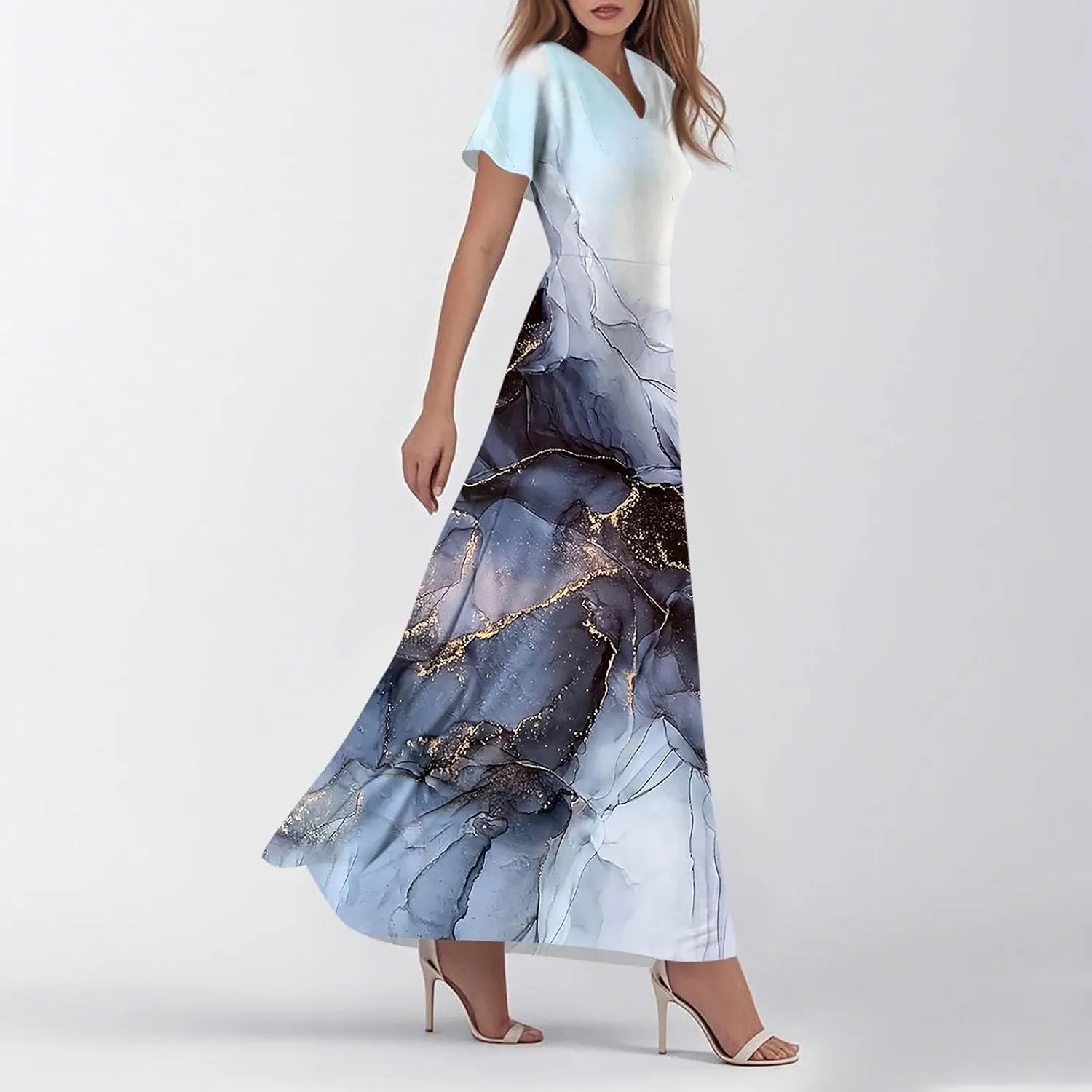 Womens Long Dresses Formal Flowy Short Sleeve High Waisted A Line Summer Dress for Women Beach Trendy V Neck