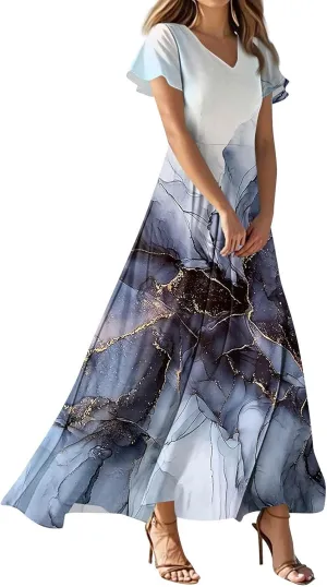 Womens Long Dresses Formal Flowy Short Sleeve High Waisted A Line Summer Dress for Women Beach Trendy V Neck