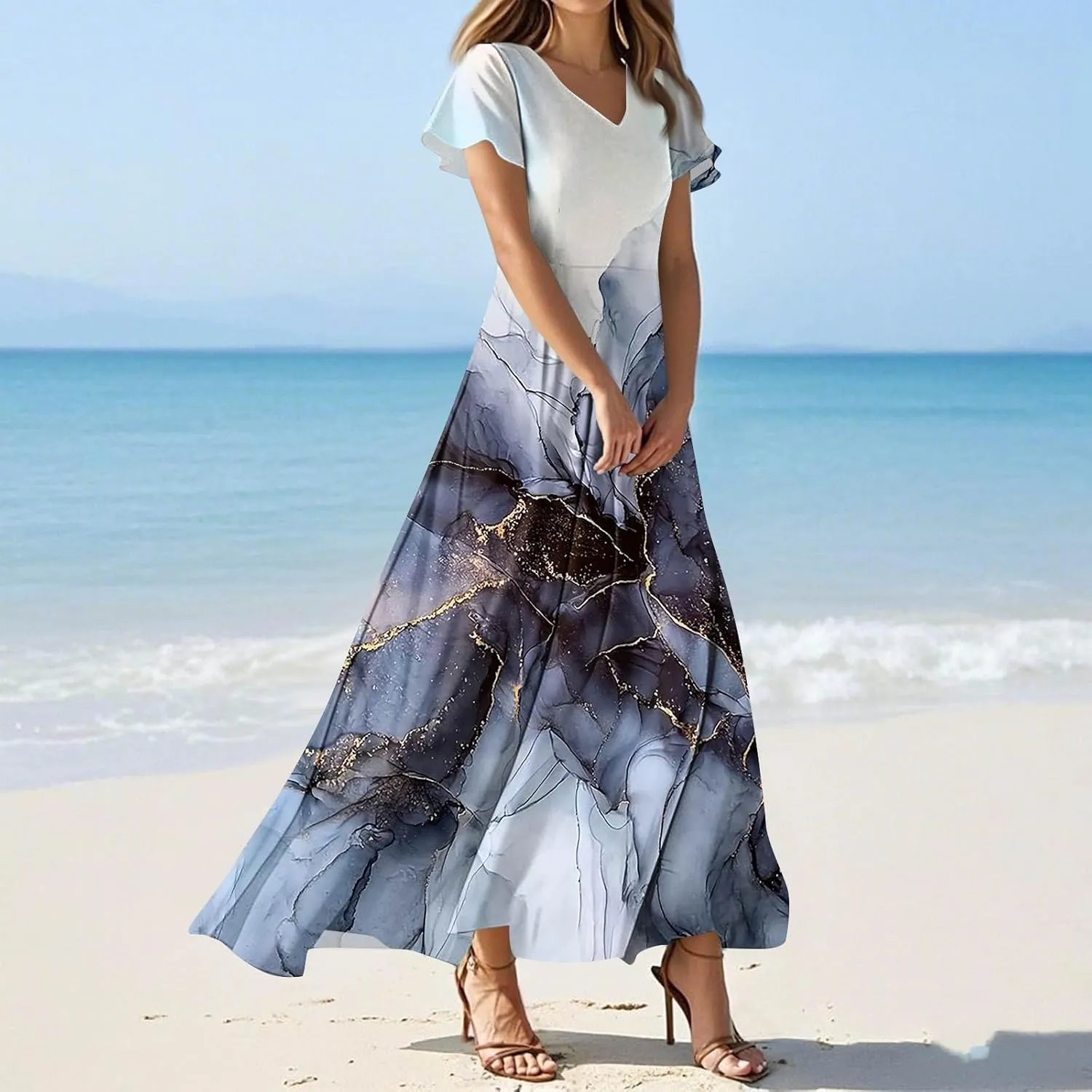 Womens Long Dresses Formal Flowy Short Sleeve High Waisted A Line Summer Dress for Women Beach Trendy V Neck
