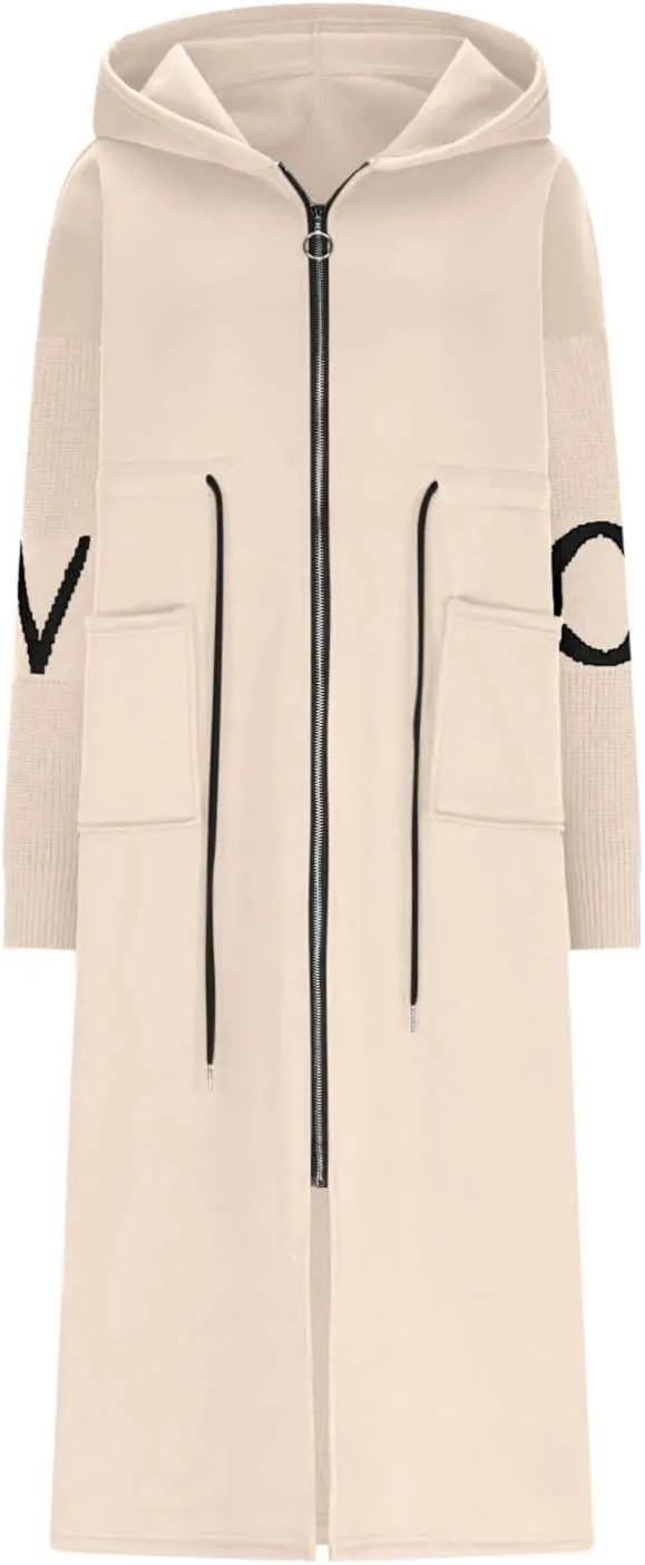 Womens Long Hoodie Coat Knee Length Oversized Zip Up Sweatshirt Jackets Winter Waist Drawstring Fleece Hooded Coat