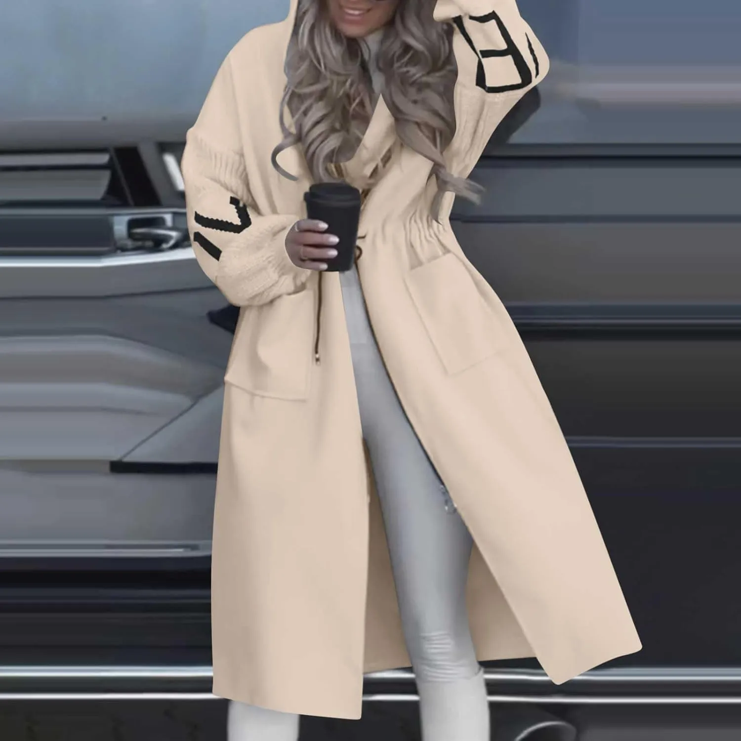 Womens Long Hoodie Coat Knee Length Oversized Zip Up Sweatshirt Jackets Winter Waist Drawstring Fleece Hooded Coat