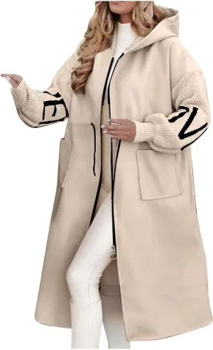 Womens Long Hoodie Coat Knee Length Oversized Zip Up Sweatshirt Jackets Winter Waist Drawstring Fleece Hooded Coat