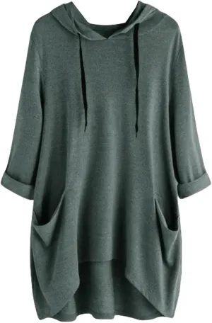 Women's Long Pattern Hooded Sweatshirt Oversized Solid Color Texture Pullover Tops Trendy Lightweight Loose Fit Dress