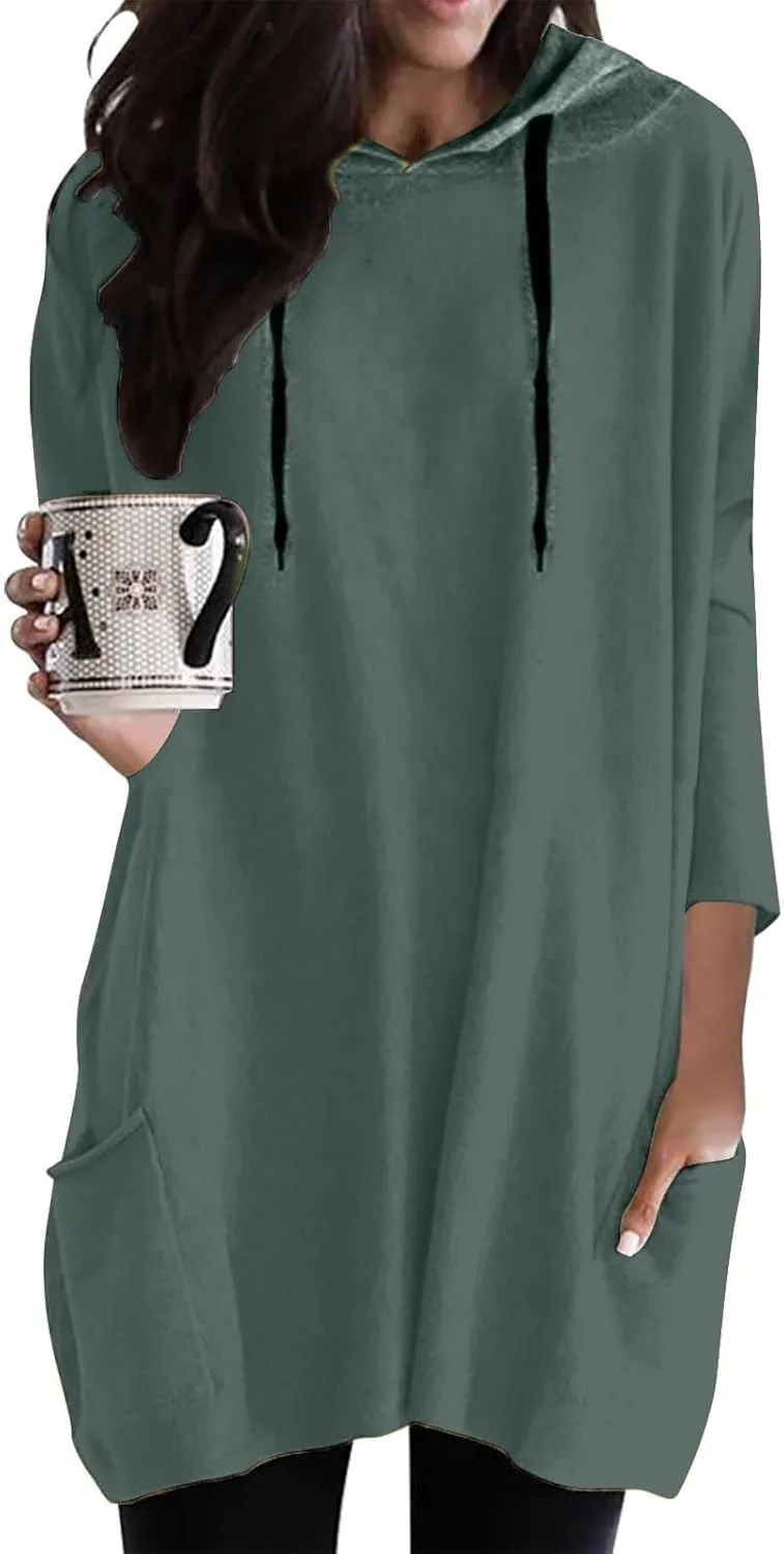 Women's Long Pattern Hooded Sweatshirt Oversized Solid Color Texture Pullover Tops Trendy Lightweight Loose Fit Dress