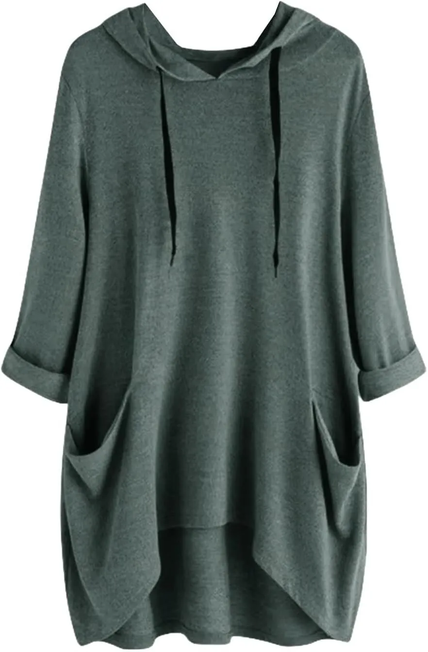 Women's Long Pattern Hooded Sweatshirt Oversized Solid Color Texture Pullover Tops Trendy Lightweight Loose Fit Dress