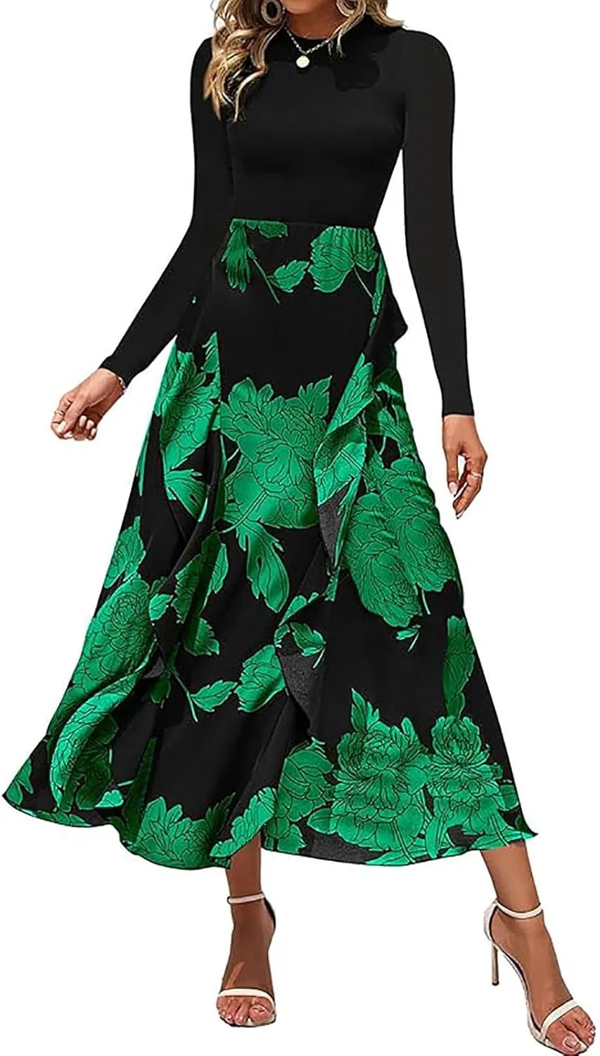Women's Long Sleeve Floral Print Maxi Dress High Waist A Line Casual Evening Party Flowy Boho Ruffle Hem Commuting