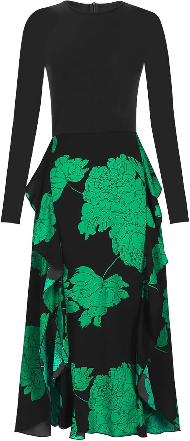 Women's Long Sleeve Floral Print Maxi Dress High Waist A Line Casual Evening Party Flowy Boho Ruffle Hem Commuting
