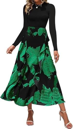 Women's Long Sleeve Floral Print Maxi Dress High Waist A Line Casual Evening Party Flowy Boho Ruffle Hem Commuting