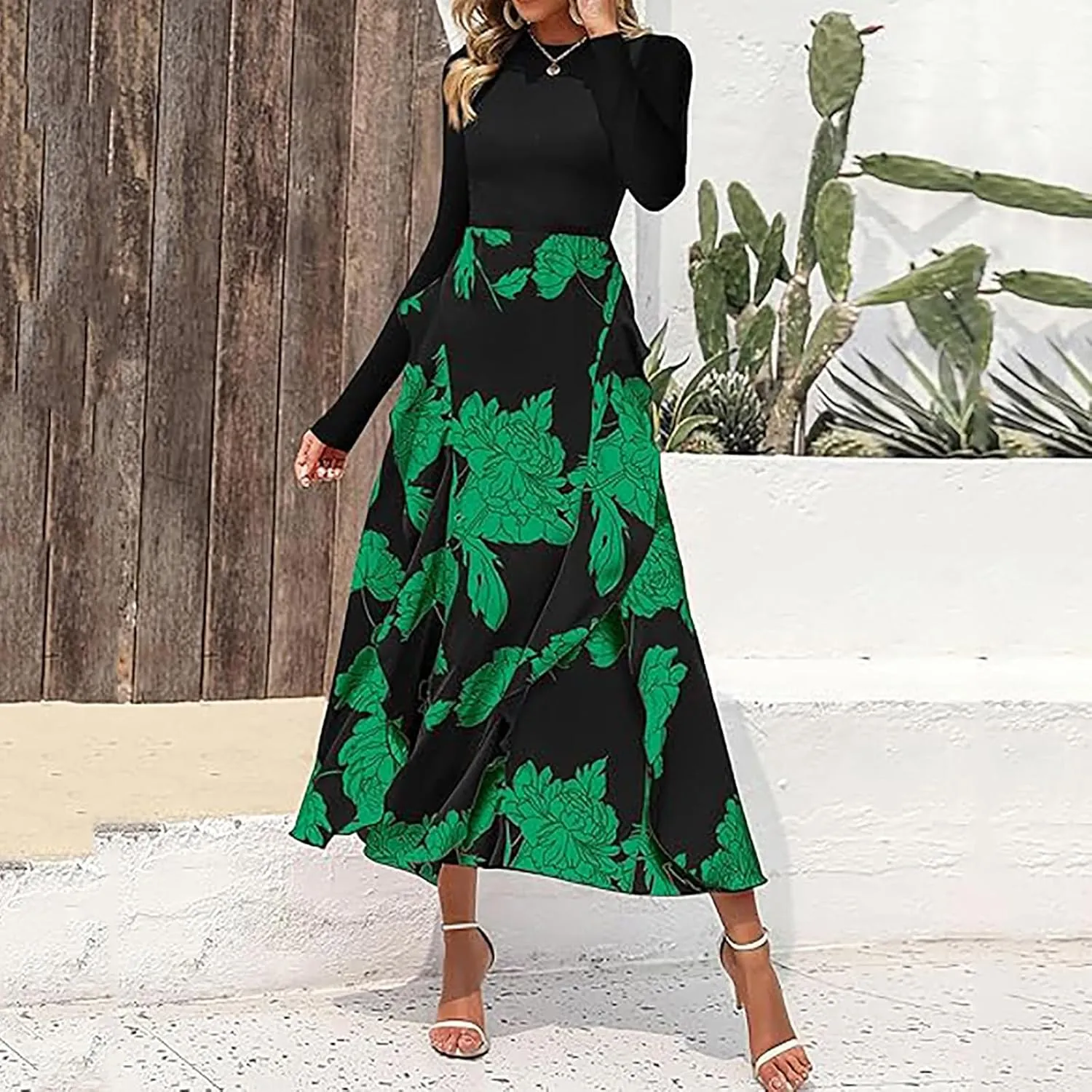 Women's Long Sleeve Floral Print Maxi Dress High Waist A Line Casual Evening Party Flowy Boho Ruffle Hem Commuting