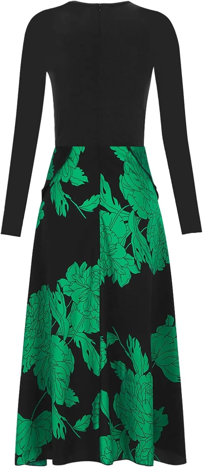 Women's Long Sleeve Floral Print Maxi Dress High Waist A Line Casual Evening Party Flowy Boho Ruffle Hem Commuting