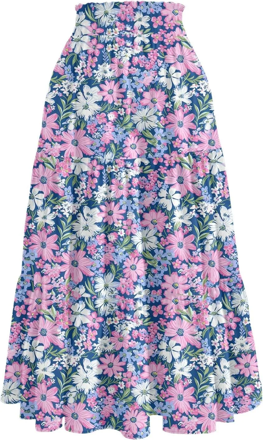 Womens Maxi Skirt Drawstring High Waisted Summer Skirts Lightweight Tiered Flowy Floral Pleated Skirts with Pockets