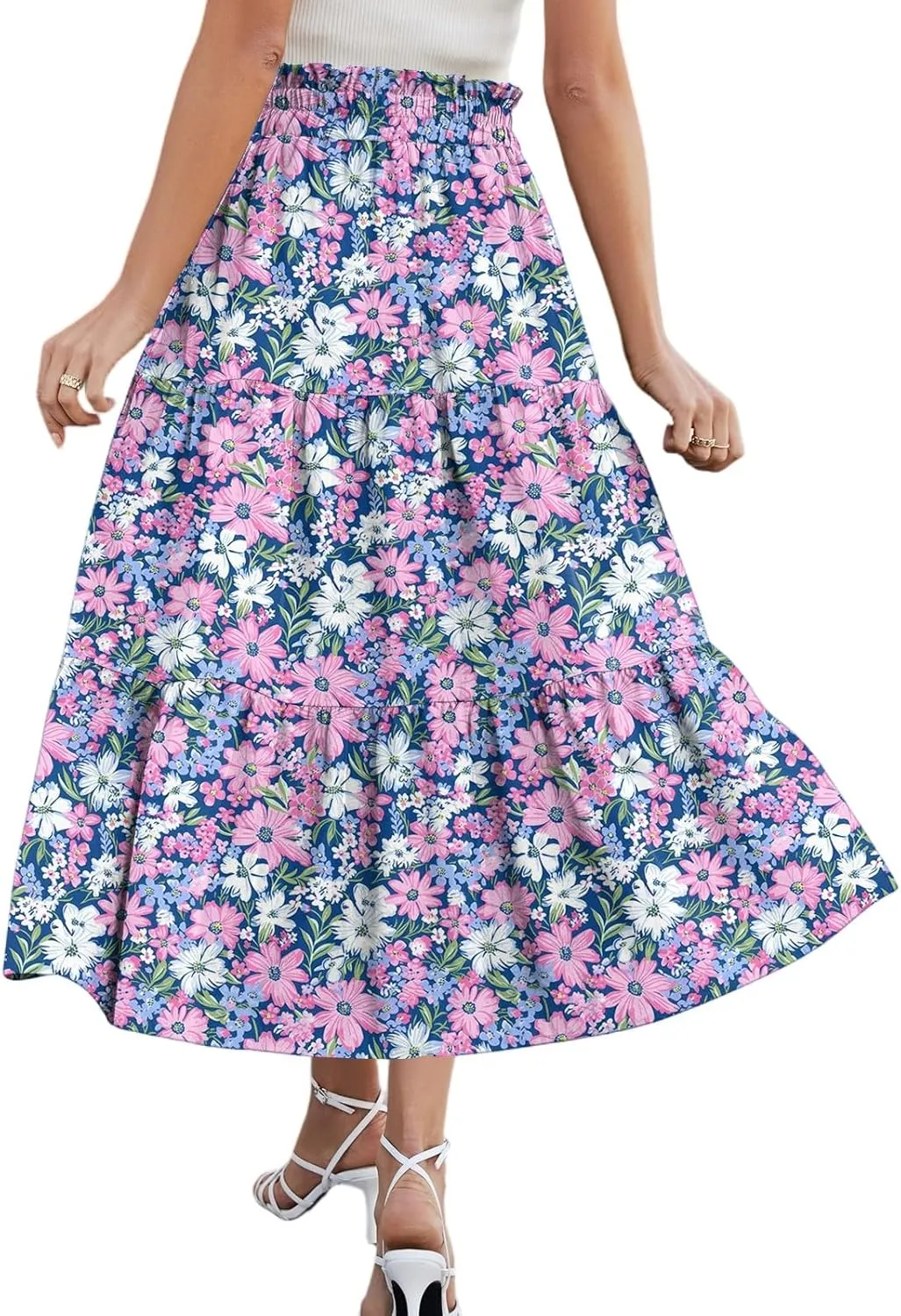 Womens Maxi Skirt Drawstring High Waisted Summer Skirts Lightweight Tiered Flowy Floral Pleated Skirts with Pockets