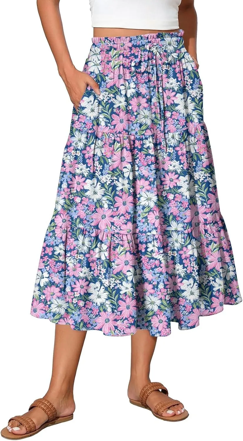 Womens Maxi Skirt Drawstring High Waisted Summer Skirts Lightweight Tiered Flowy Floral Pleated Skirts with Pockets