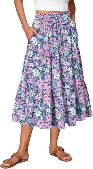 Womens Maxi Skirt Drawstring High Waisted Summer Skirts Lightweight Tiered Flowy Floral Pleated Skirts with Pockets