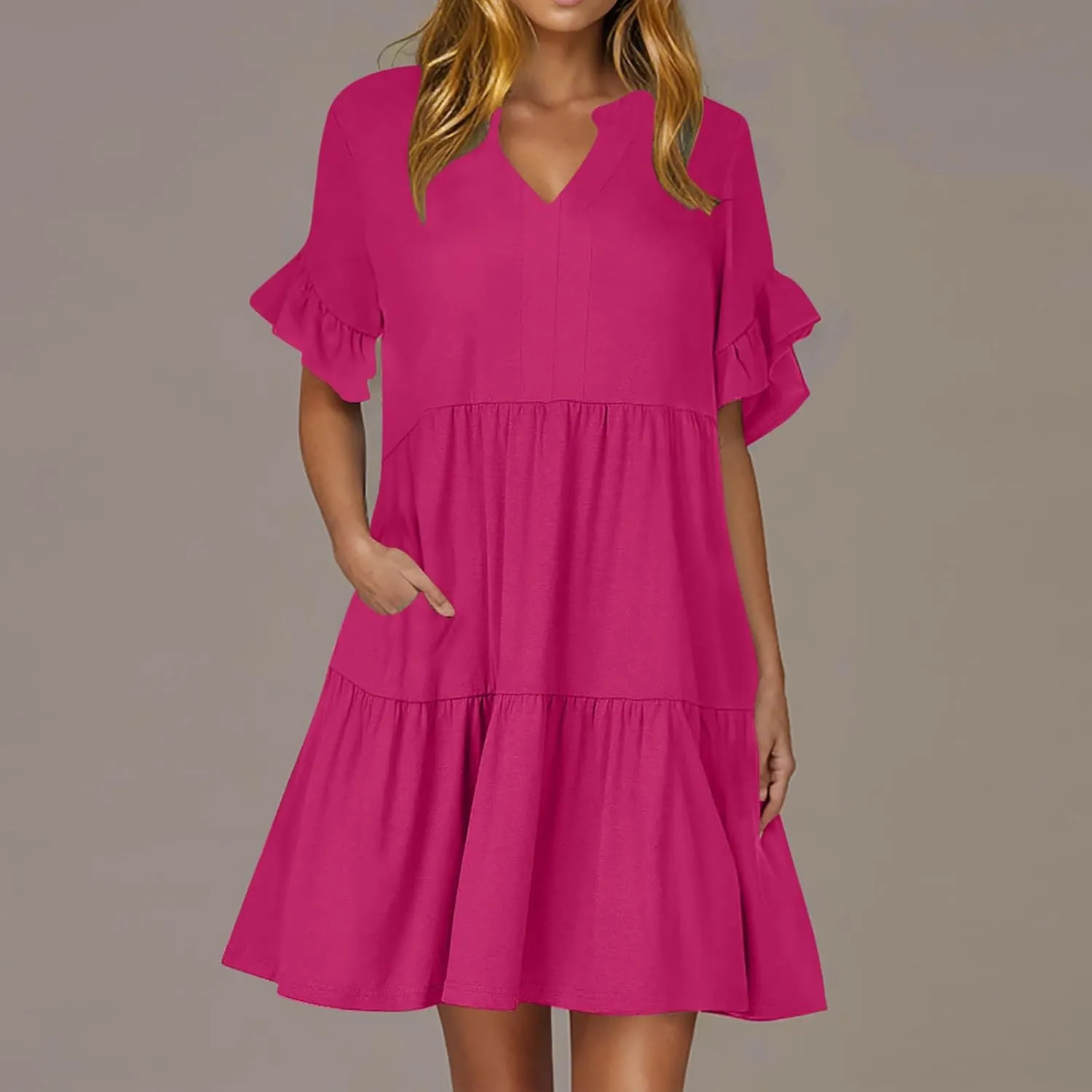 Womens Mini Ruffle Tiered Dress Short Sleeve V Neck Summer Dress Flowy A Line Sundress Beach Cover Ups with Pockets