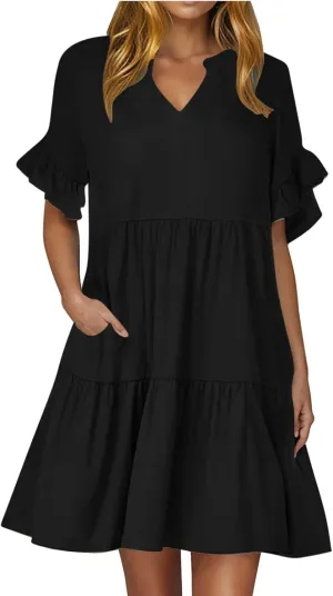 Womens Mini Ruffle Tiered Dress Short Sleeve V Neck Summer Dress Flowy A Line Sundress Beach Cover Ups with Pockets