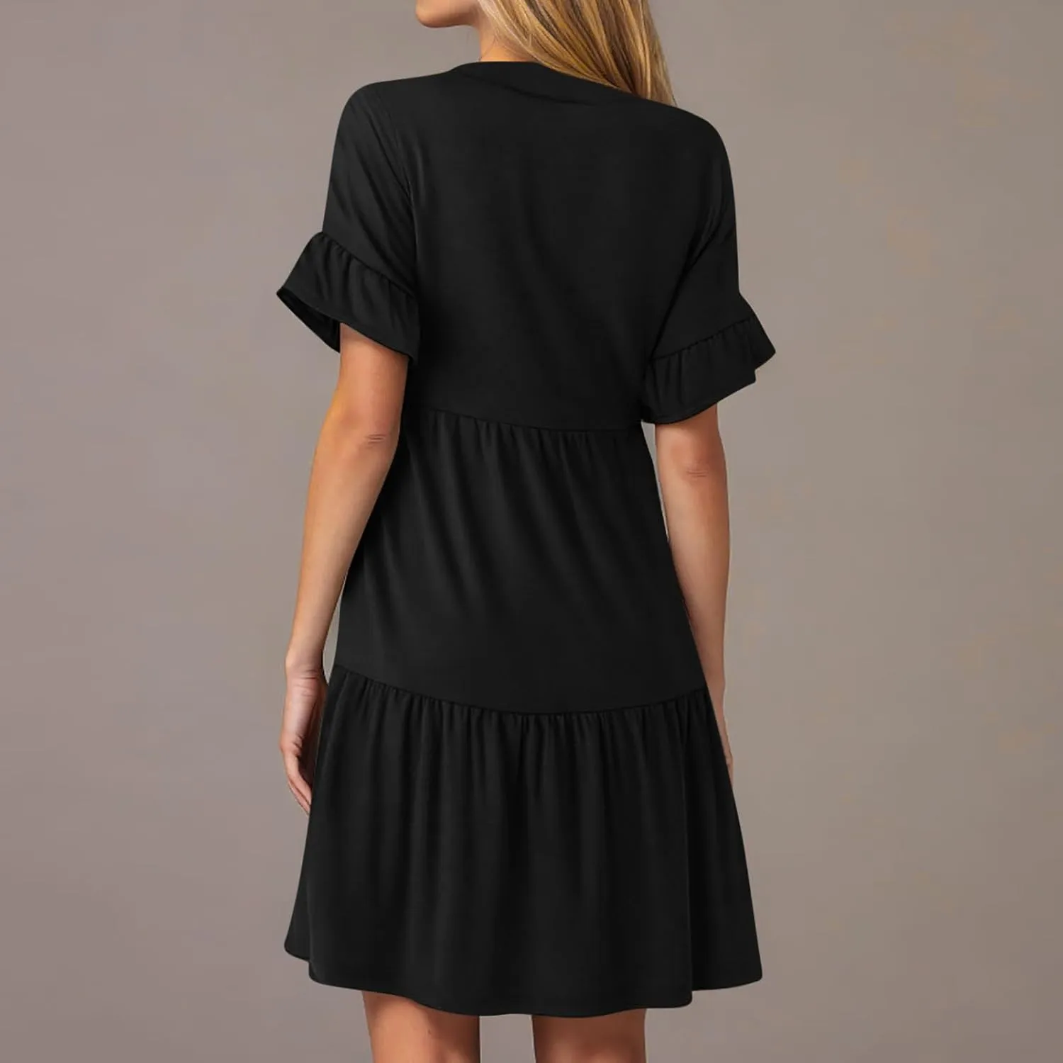 Womens Mini Ruffle Tiered Dress Short Sleeve V Neck Summer Dress Flowy A Line Sundress Beach Cover Ups with Pockets