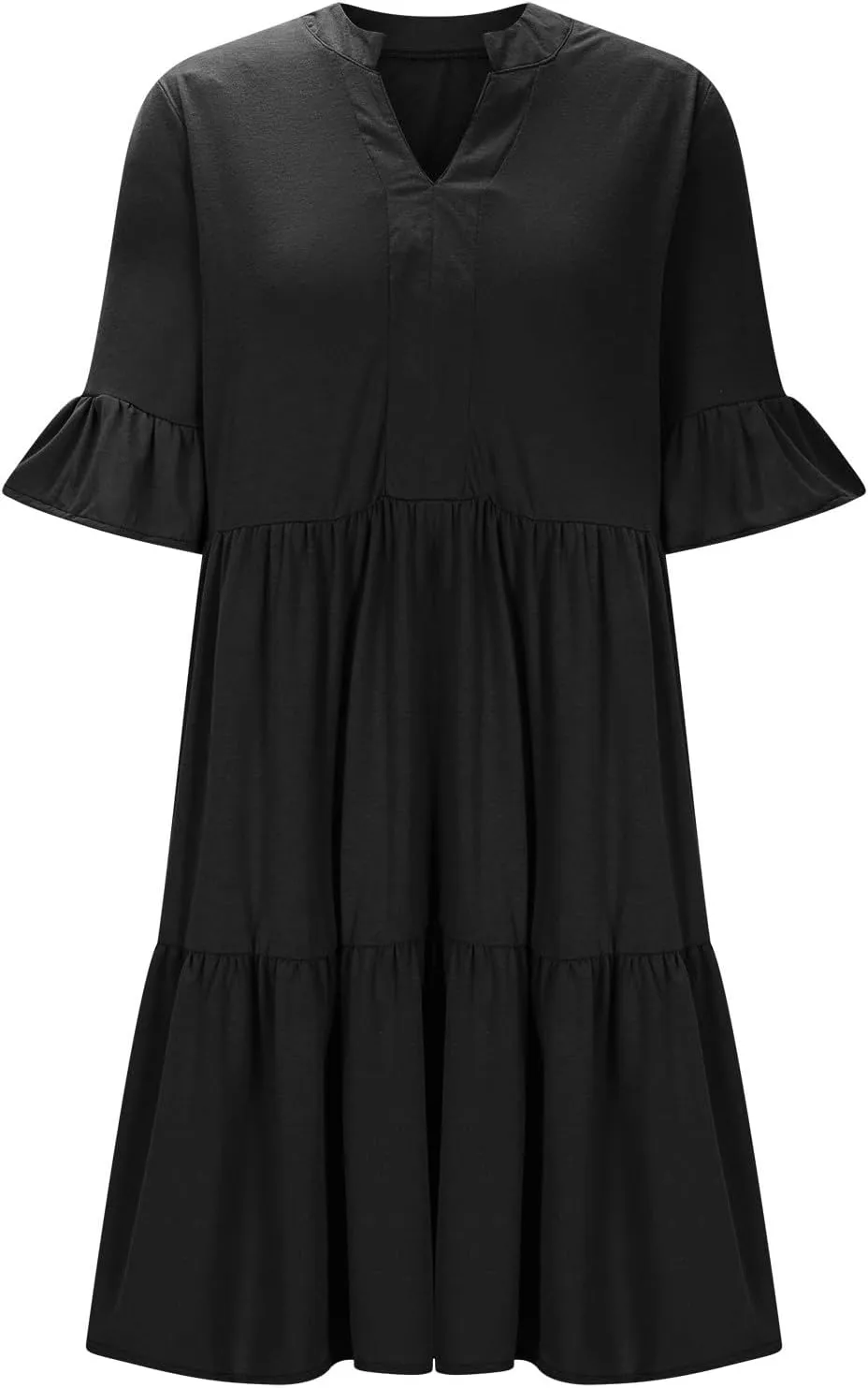 Womens Mini Ruffle Tiered Dress Short Sleeve V Neck Summer Dress Flowy A Line Sundress Beach Cover Ups with Pockets