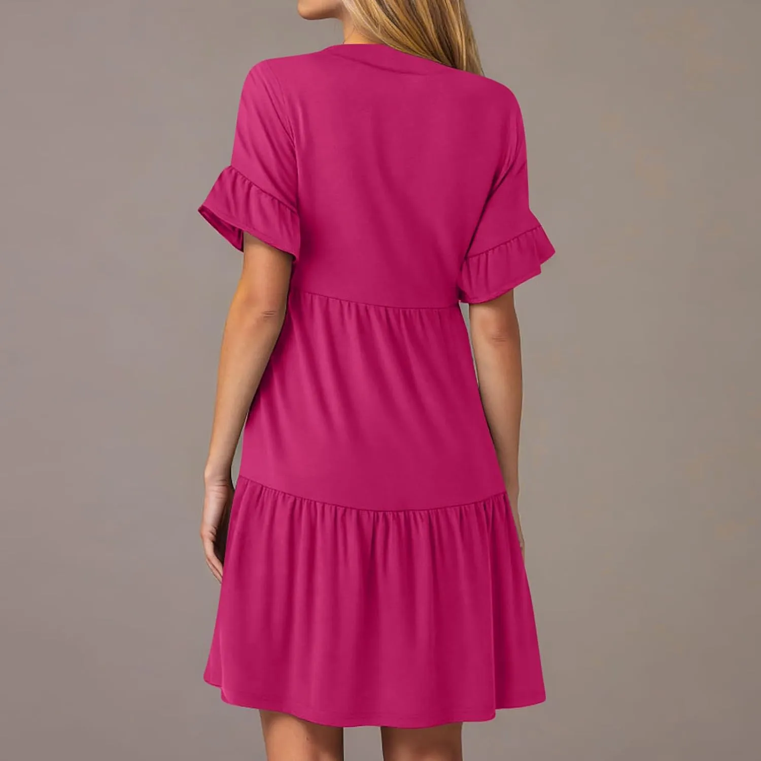 Womens Mini Ruffle Tiered Dress Short Sleeve V Neck Summer Dress Flowy A Line Sundress Beach Cover Ups with Pockets