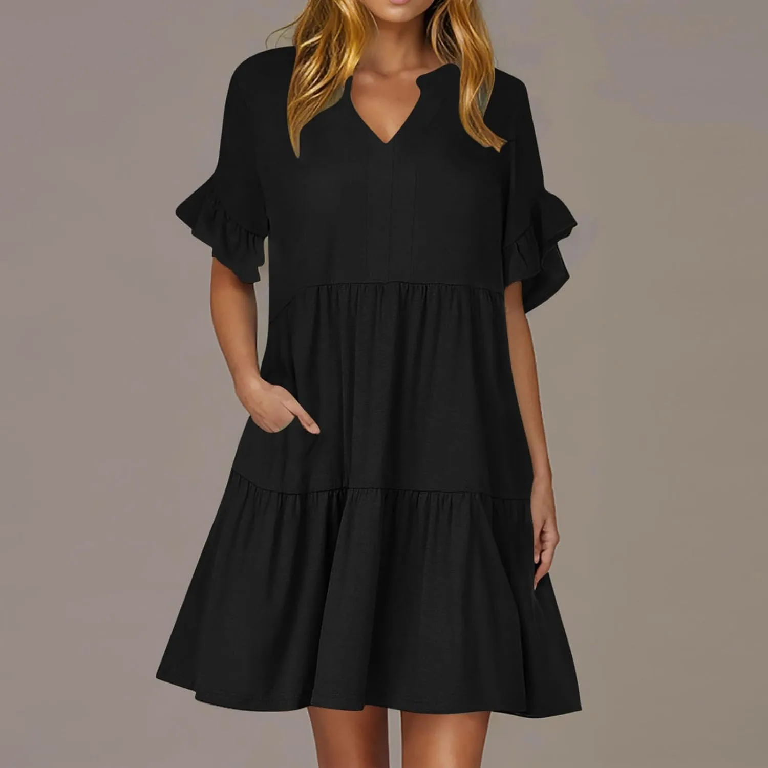 Womens Mini Ruffle Tiered Dress Short Sleeve V Neck Summer Dress Flowy A Line Sundress Beach Cover Ups with Pockets