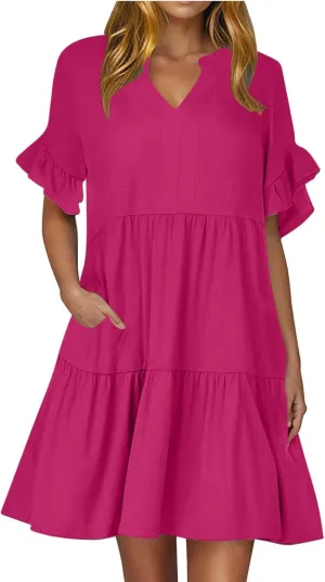 Womens Mini Ruffle Tiered Dress Short Sleeve V Neck Summer Dress Flowy A Line Sundress Beach Cover Ups with Pockets