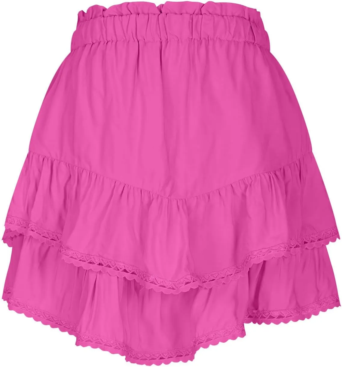 Womens Mini Skirt Asymmetrical Hem Ruffle Skirts Flowy Layered Skirt A-Line Lace Skirts Elastic Waist Pleated Skirt
