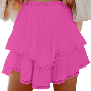 Womens Mini Skirt Asymmetrical Hem Ruffle Skirts Flowy Layered Skirt A-Line Lace Skirts Elastic Waist Pleated Skirt