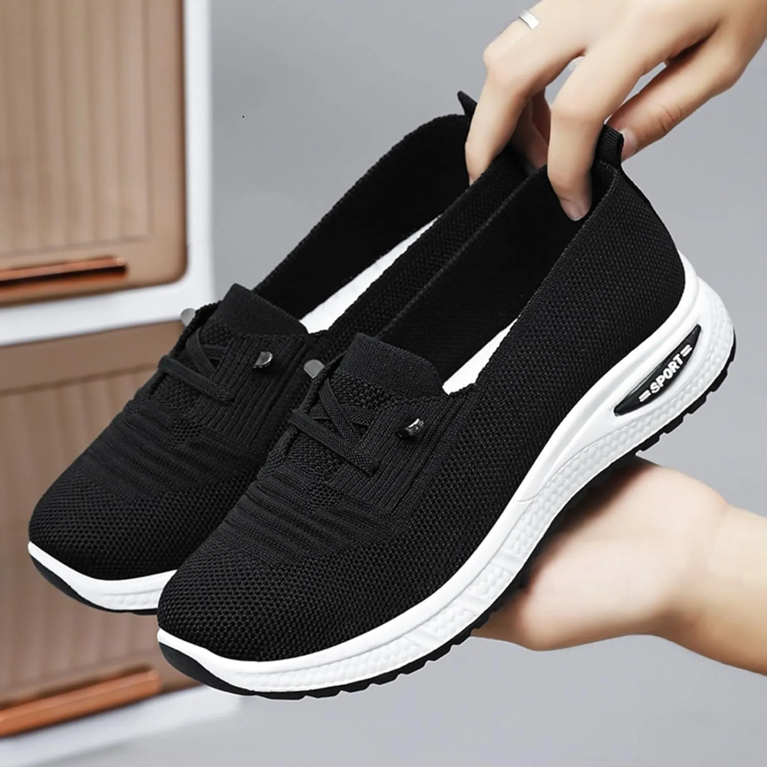 Womens Orthopedic Sneakers Lightweight Breathable Mesh Knitted Woven Low Top Walking Shoes Summer Comfortable Wide Width Soft Sole Slip On Sneakers with Arch Support
