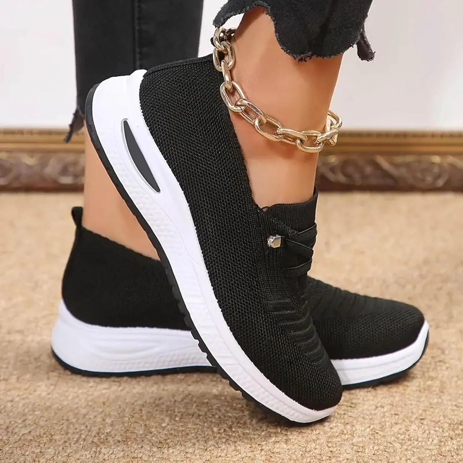 Womens Orthopedic Sneakers Lightweight Breathable Mesh Knitted Woven Low Top Walking Shoes Summer Comfortable Wide Width Soft Sole Slip On Sneakers with Arch Support