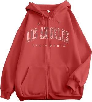 Women's Oversized Hoodies Zip up LOS ANGELES Printed Preppy Pullover Y2K Fleece Jackets 2024 Fall Outwear