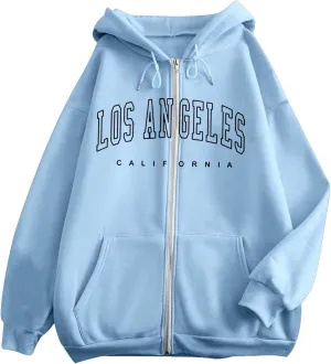 Women's Oversized Hoodies Zip up LOS ANGELES Printed Preppy Pullover Y2K Fleece Jackets 2024 Fall Outwear