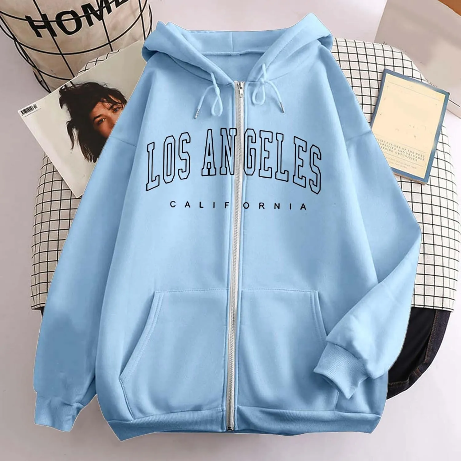 Women's Oversized Hoodies Zip up LOS ANGELES Printed Preppy Pullover Y2K Fleece Jackets 2024 Fall Outwear