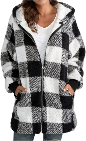 Women's Oversized Plaid Fleece Lined Hoodies Jacket Zip up Flannel Fuzzy Coats Casual Loose Outwear with Pockets