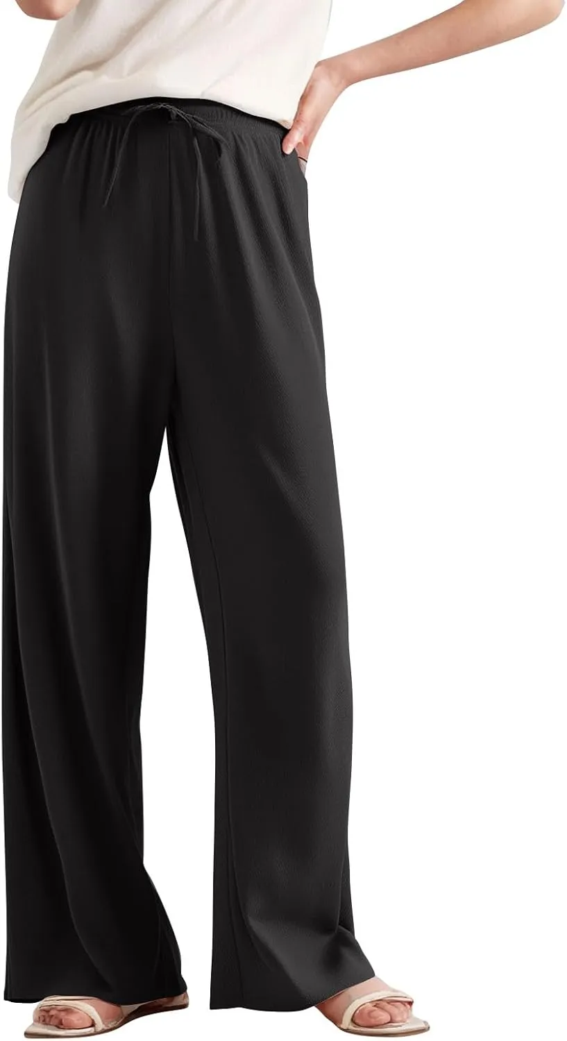 Women's Pants Flowy Long Wide Leg High Waisted Trousers Stretchy Drawstring Pleated Pull On Vacation Trousers