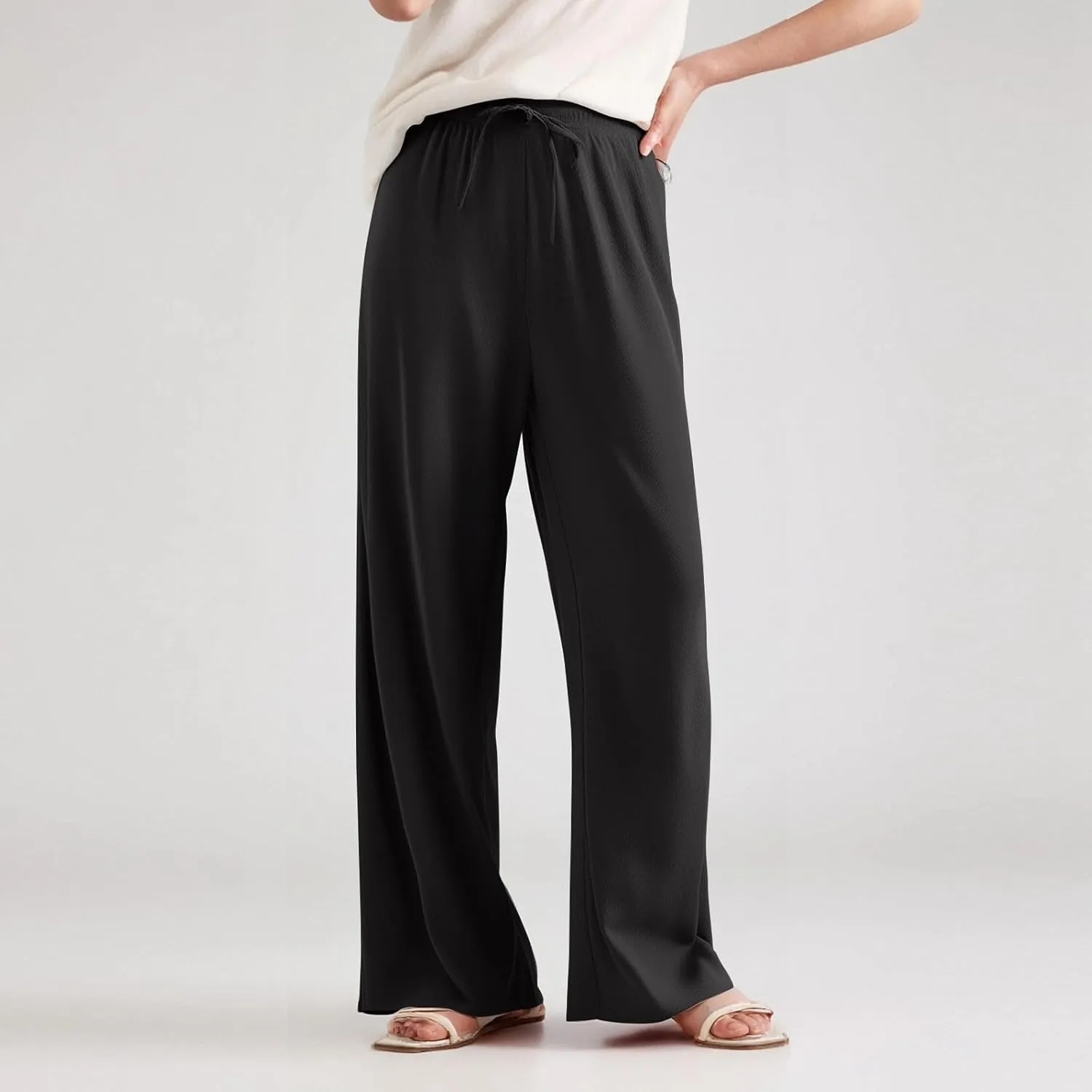 Women's Pants Flowy Long Wide Leg High Waisted Trousers Stretchy Drawstring Pleated Pull On Vacation Trousers