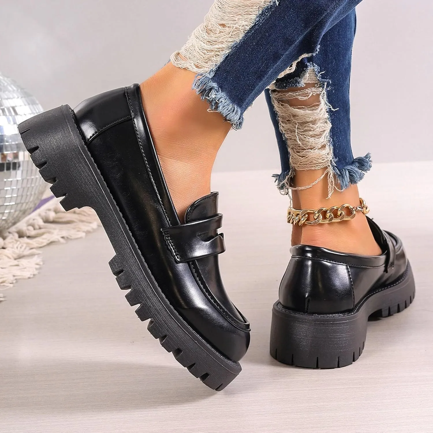 Womens Penny Loafers Comfortable Dressy Arch Support Walking Shoes Breathable Chunky Loafers Casual Slip On Shoes