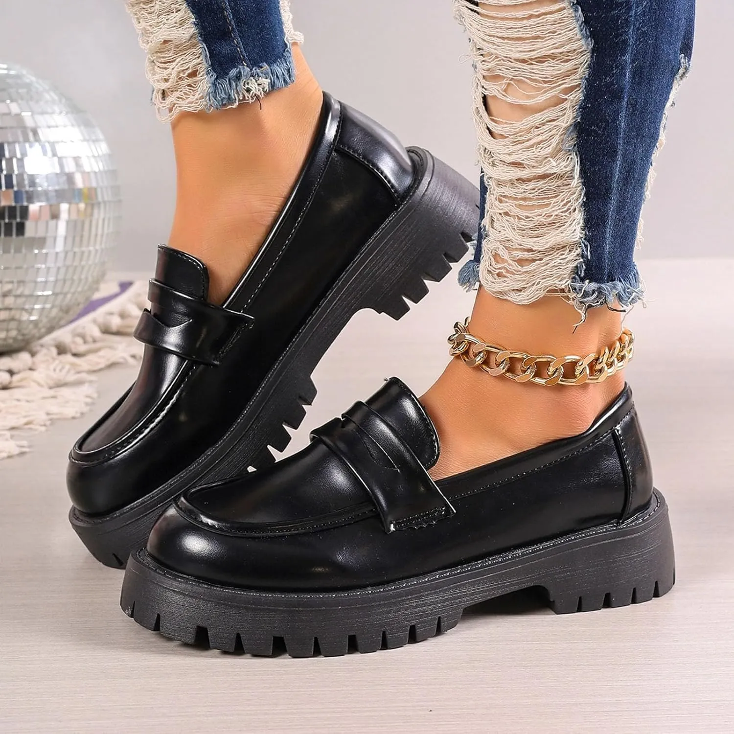 Womens Penny Loafers Comfortable Dressy Arch Support Walking Shoes Breathable Chunky Loafers Casual Slip On Shoes